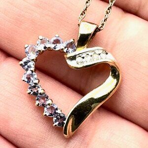 Womens Necklace 10K Yellow Gold Tanzanite Diamond Heart Pendant